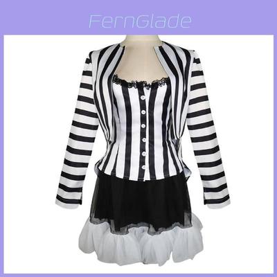 Traje Rayado Vintage de Beetlejuice Retro Negro y Blanco Poliéster Disfraz de Cosplay