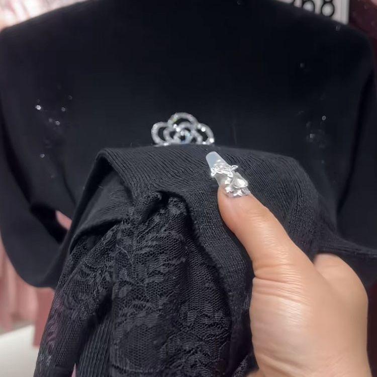 

Женский свитер с полувысоким воротником «Камелия» Осень Зима Стразы Кружево Приталенный Пуловер Вязаный Топ S чёрный