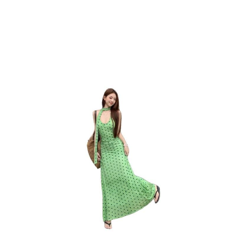 French polka dot streamer neck dress women's summer temperament green skirt waist hip skirt vacation dress