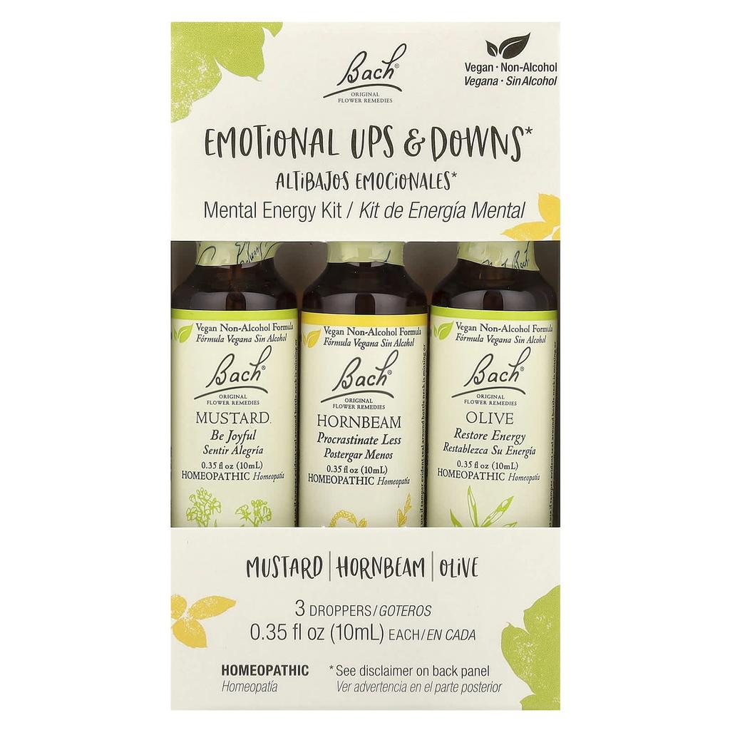 Original Flower Therapy, Mental Energy Kit, Emotional Ups and Downs, 3 Droppers, 10Ml (0.35Fl Oz) Each