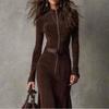  Autumn European and American Cross-border Fashion New Elegant Temperament Zipper Lapel Dress 894