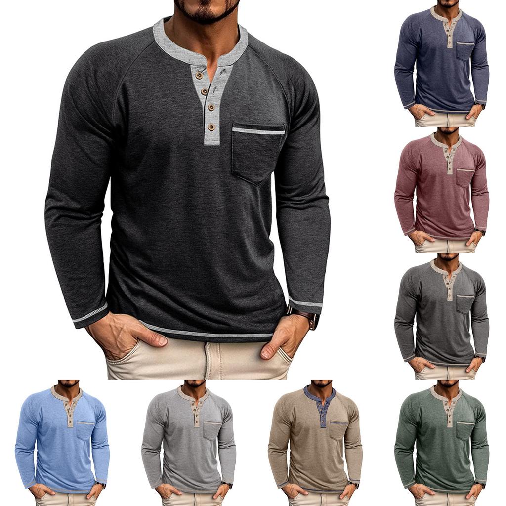 Men's Button Lapel Colored Cotton Long Sleeved Base Men's Top