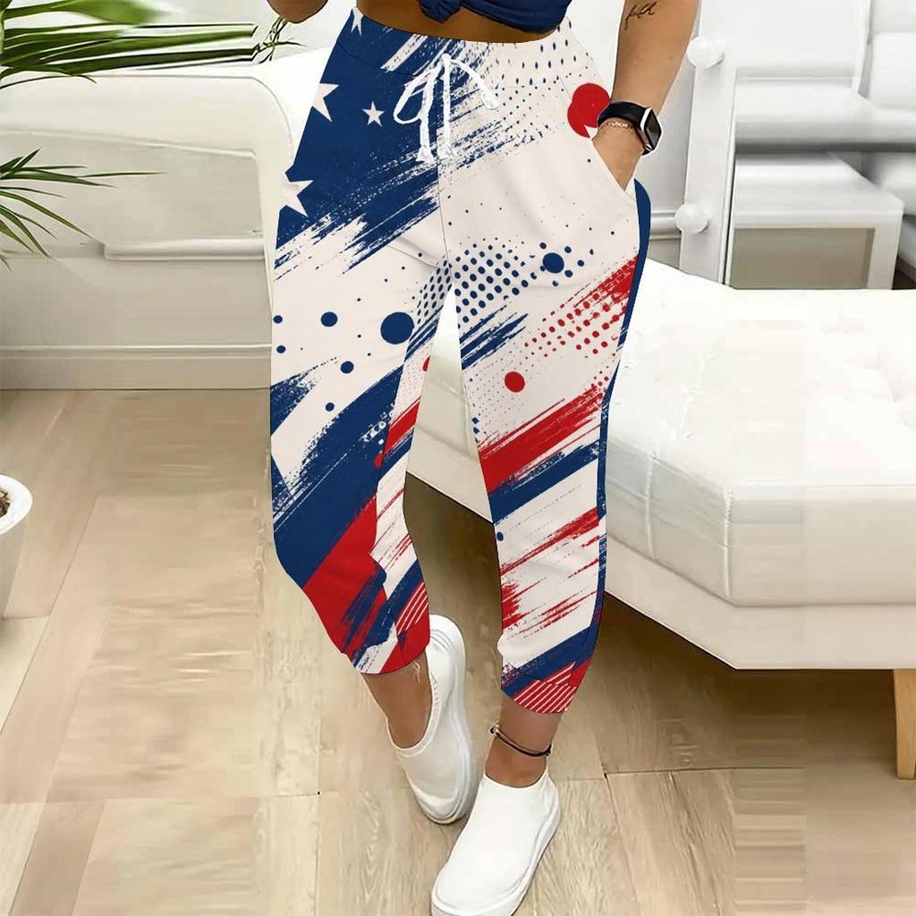Women Plus Size Red Blue White Printed Drawstring Waist Jogger Pants Side Pockets Cuffed Ankle