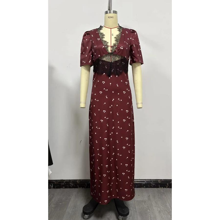 Polka Dot Backless Sexy Maxi Dress Women Gown Elegant Patchwork Lace Hollow Out Deep V Neck Sleeveless Bodycon Club Party Dress