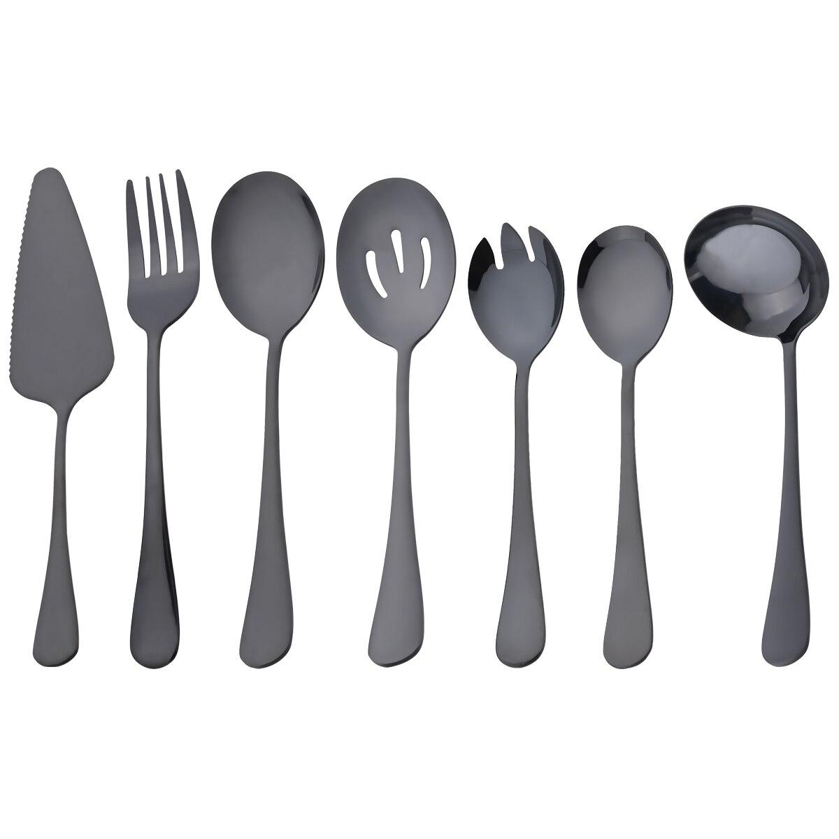 

7 шт. посуда из нержавеющей стали, черный набор посуды, лопаточка для торта, сервисная ложка для супа, дуршлаг, ложка, вилка для салата, ложка, набор столовых приборов чёрный