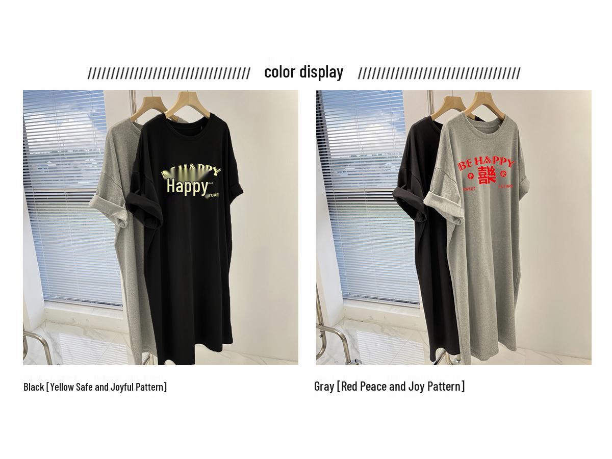 

Women s Gray Mid-Length T-Shirt Dress 2026 - Loose Fit, Korean Style, Plus Size, Short Sleeve, Fashionable, Age-Reducing. 2XL for 136-150 jin