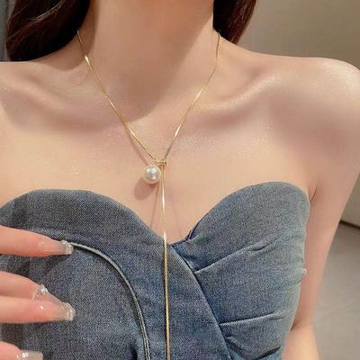 Fashion  Color Long Tassel Pull Pearl Pendant Necklaces For Women Simple Adjustable Clavicle Chain Choker Jewelry Gift