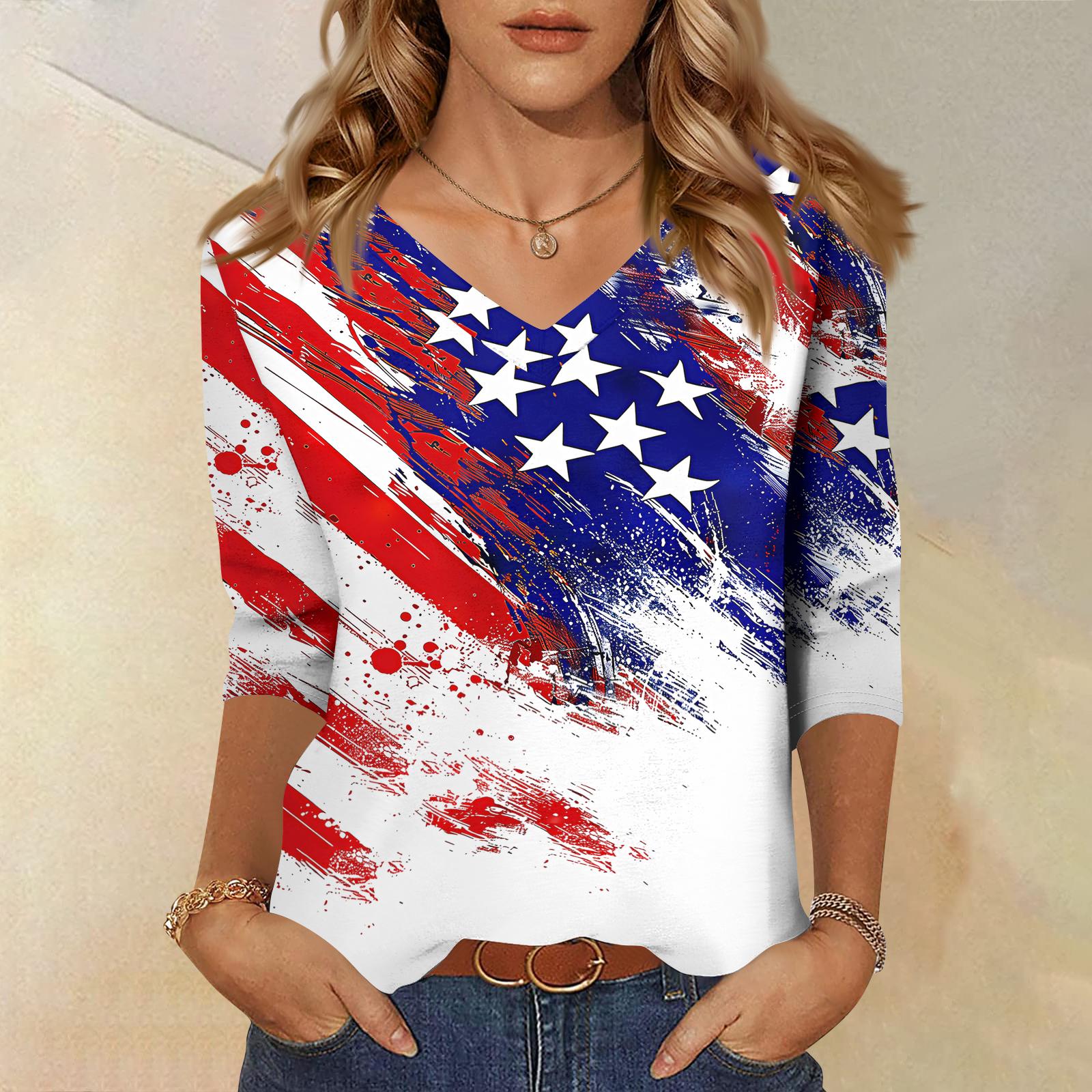 

Women s Tops Three-quarter Sleeve Shirt V-neck Loose Casual Shirt Print T-shirt XL білий