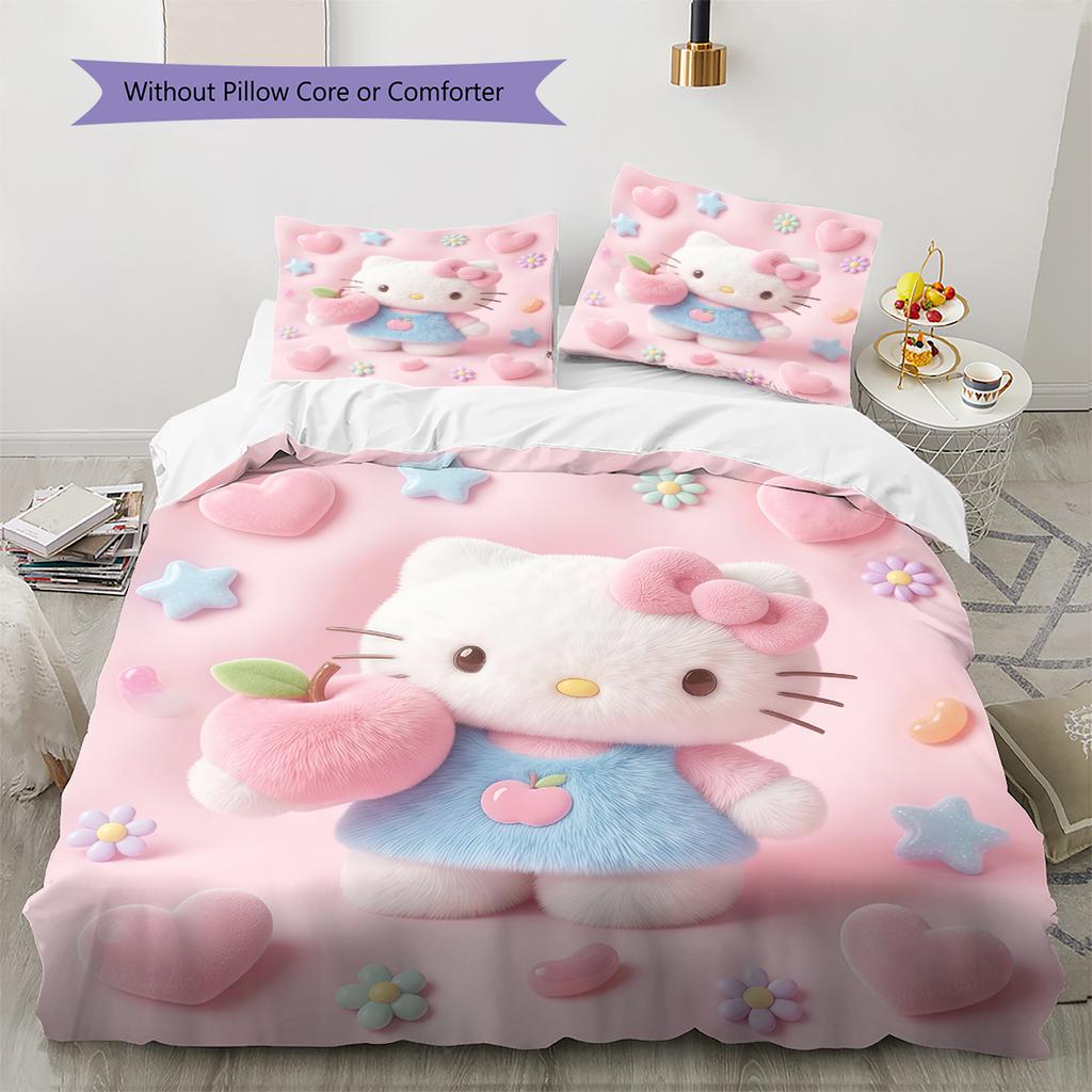 Hello Kitty Cute Pattern Bedding,Quilt Set Quilt Cover Pillowcase Home Birthday Gift(1 * Duvet Cover + 2 * Pillowcase, Without Core)