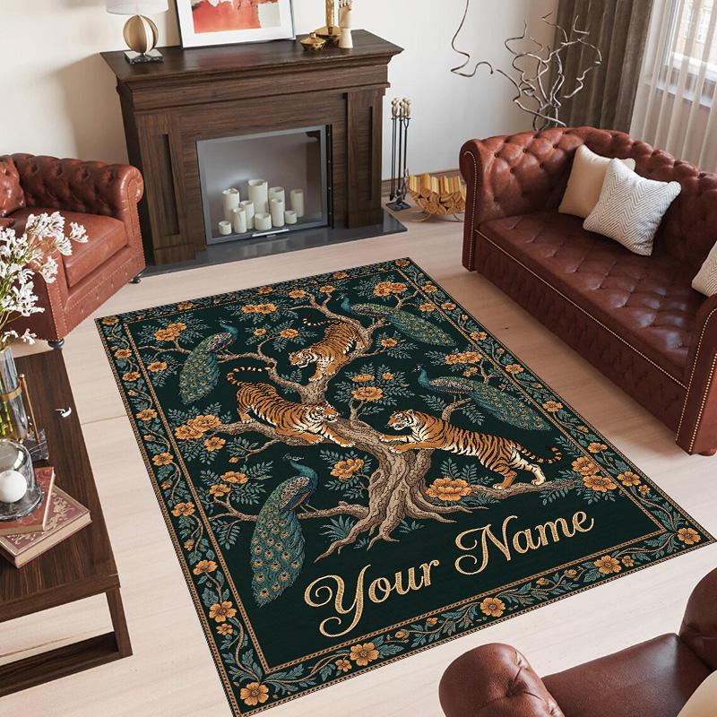 Leopard Theme Crystal Velvet Floor Rug Personalized Custom Name Text Warm Carpet Home Decoration