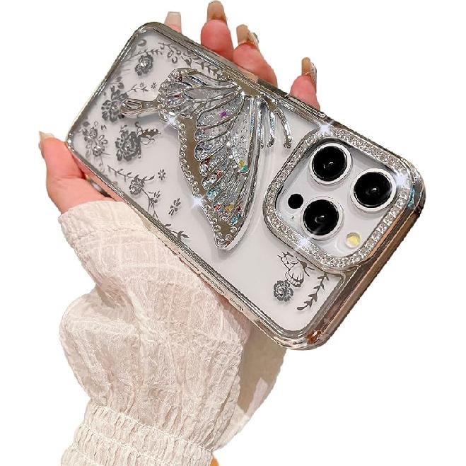 Caseative for iPhone 14 Case,Glitter Bling Diamond Camera Frame Quicksand Butterfly Flower Phone Case (Red,14) серебряный