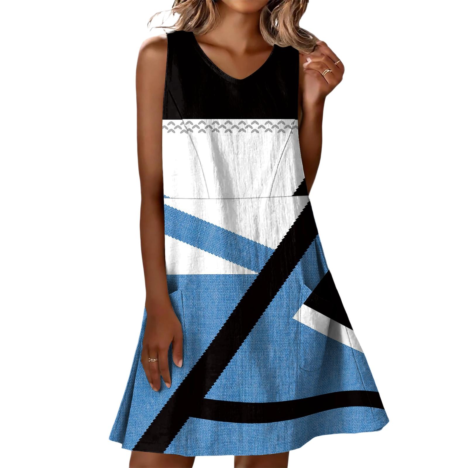 

Sleeveless V Neck Casual Dress with Leaf Print Relaxed Fit Lightweight Material and Side Pockets for Women S синий