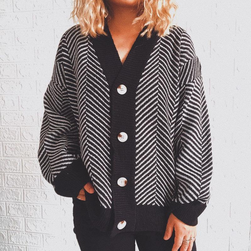Striped Knitted Cardigan Women's Loose Sweater Single Breasted Buckle Casual Long Sleeved Jacket Warm Comfortable Commuter Tops Autumn and Winter