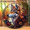 Acrylic Painting Stained Glass Style Majestic Wolf Head with Vibrant Floral and Gem Accents Round Window Hanging Decor D Flat