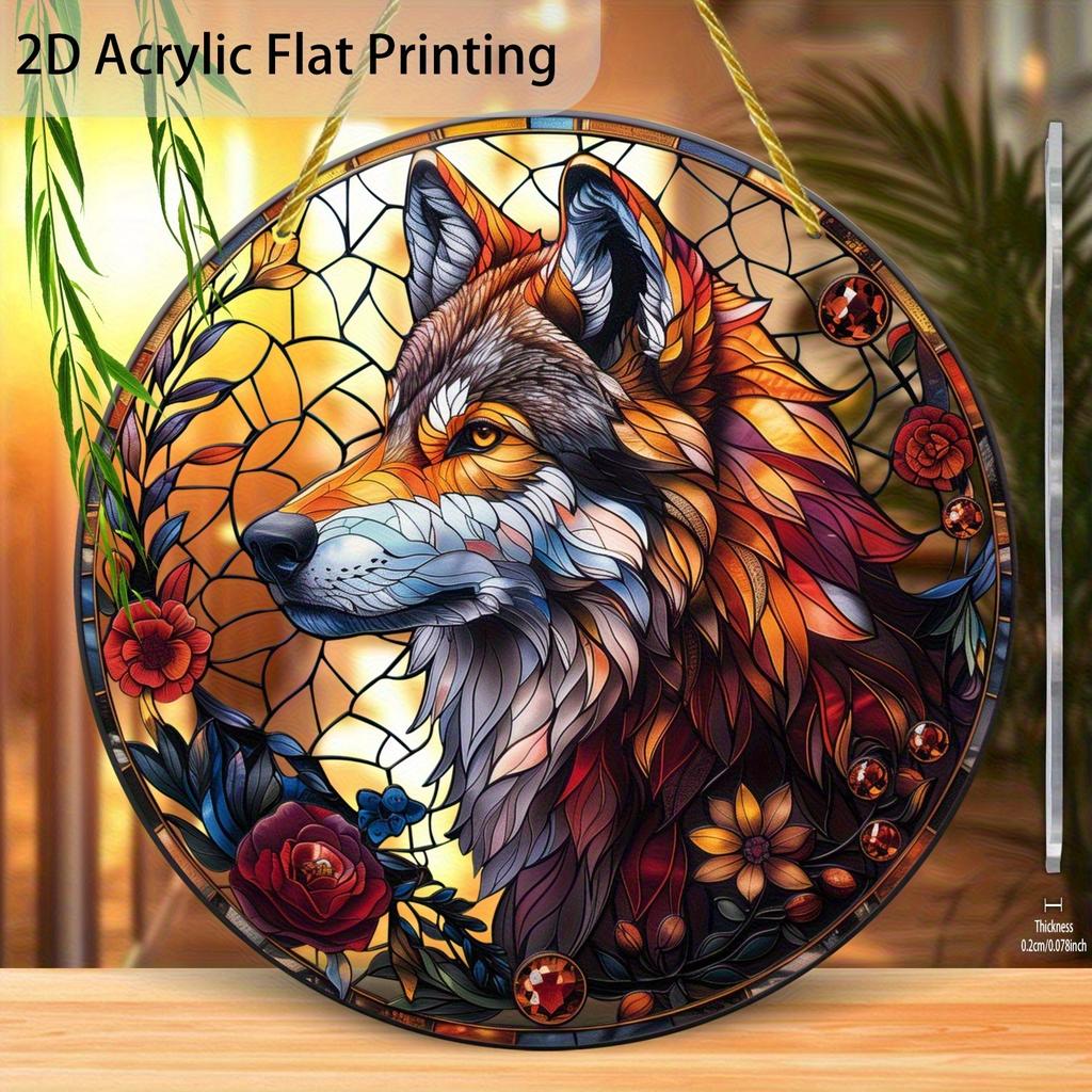 Acrylic Painting Stained Glass Style Majestic Wolf Head with Vibrant Floral and Gem Accents Round Window Hanging Decor D Flat