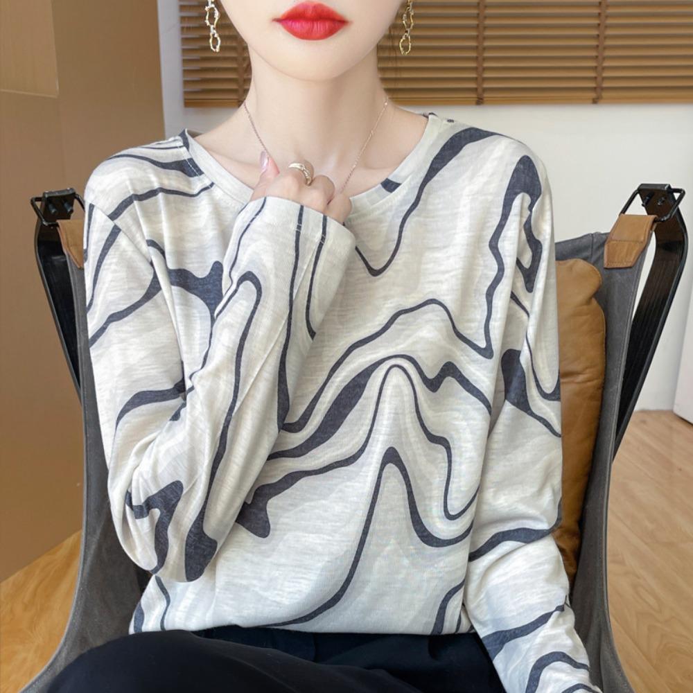 Frühling und Herbst Neues T-Shirt für Damen mit lockerem Rundhalsausschnitt und langen Ärmeln mit gedrucktem Muster in Tuschemalerei