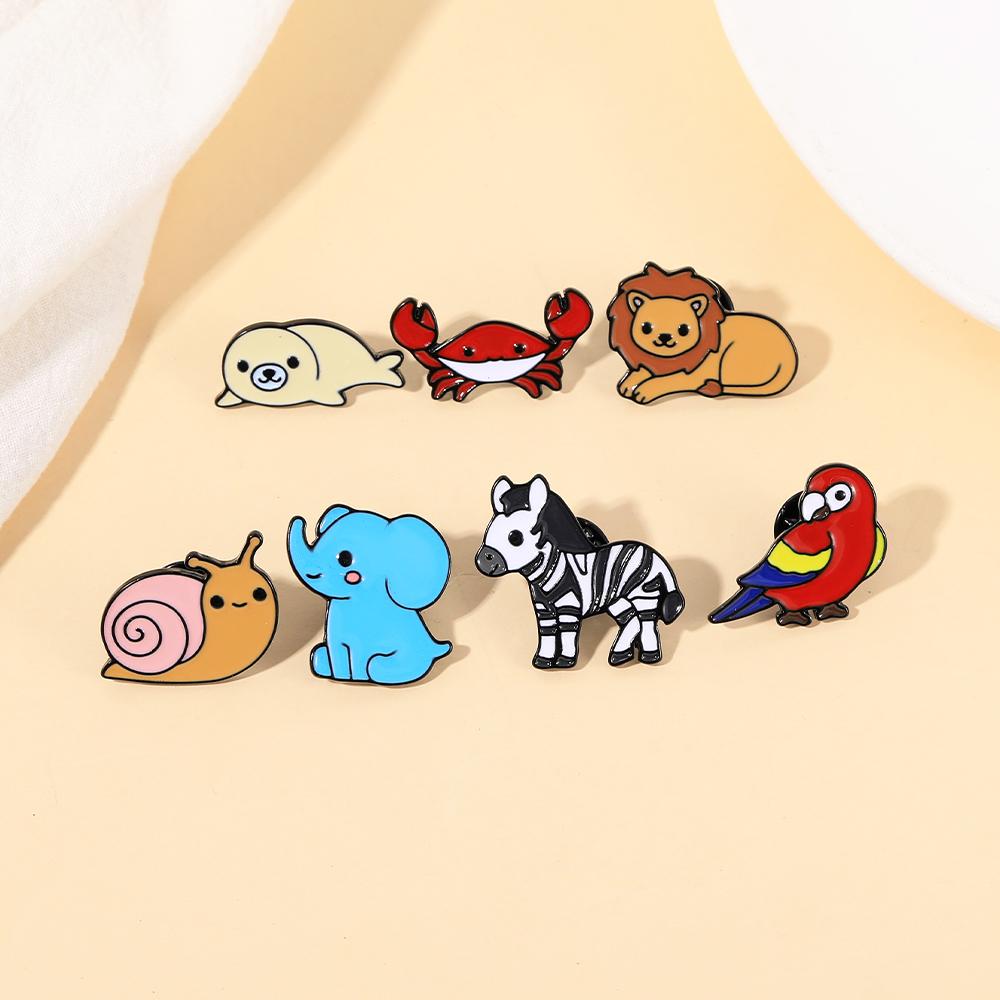 7 Styles Cartoon Mini Animal Enamel Brooches Cute Crab Elephant Snail Zebra Parrot Lion Shaped Pins For Women Girls Badge