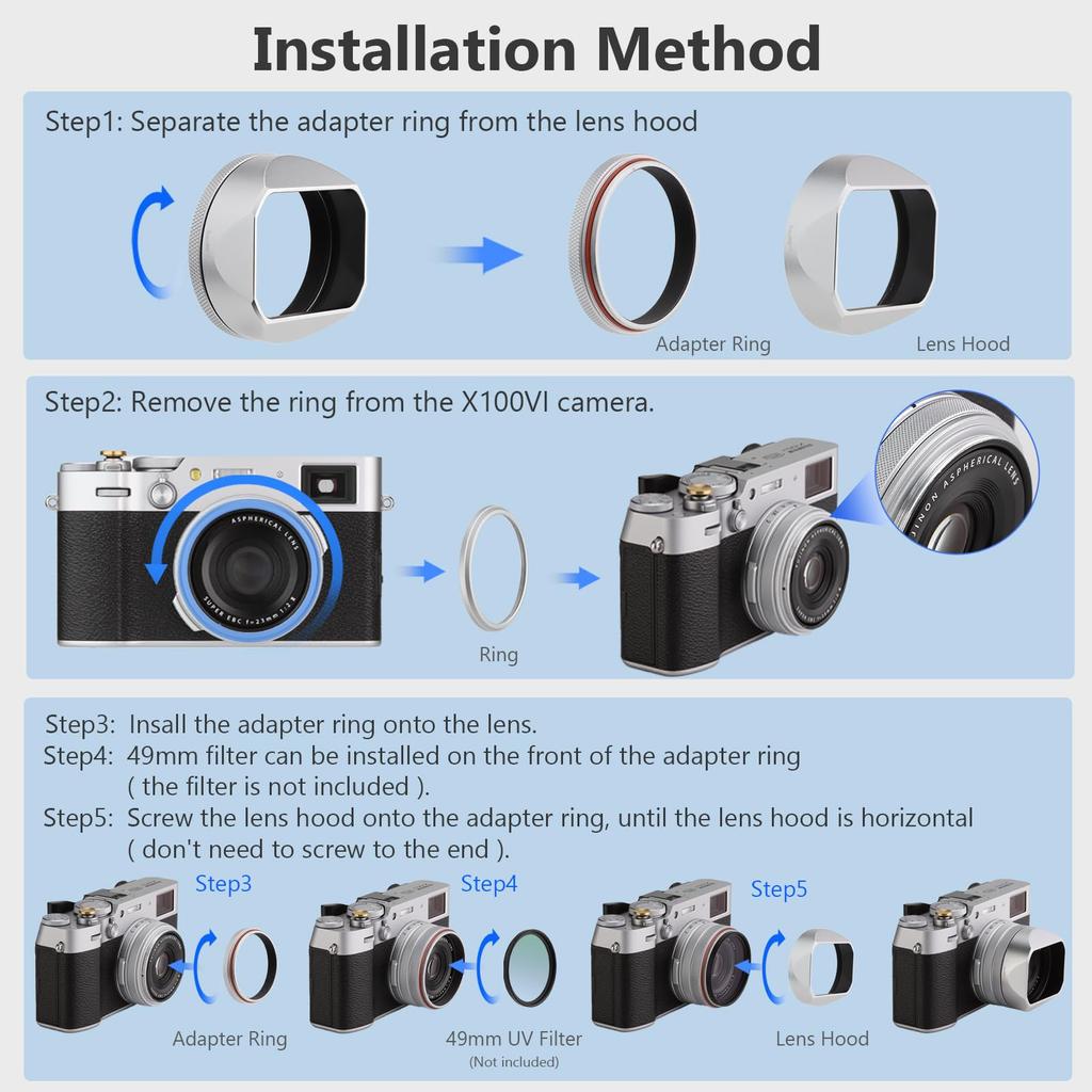Haoge LH-X54W Square Metal Lens Hood with 49mm Adapter Ring for Fuji X100VI, Silver