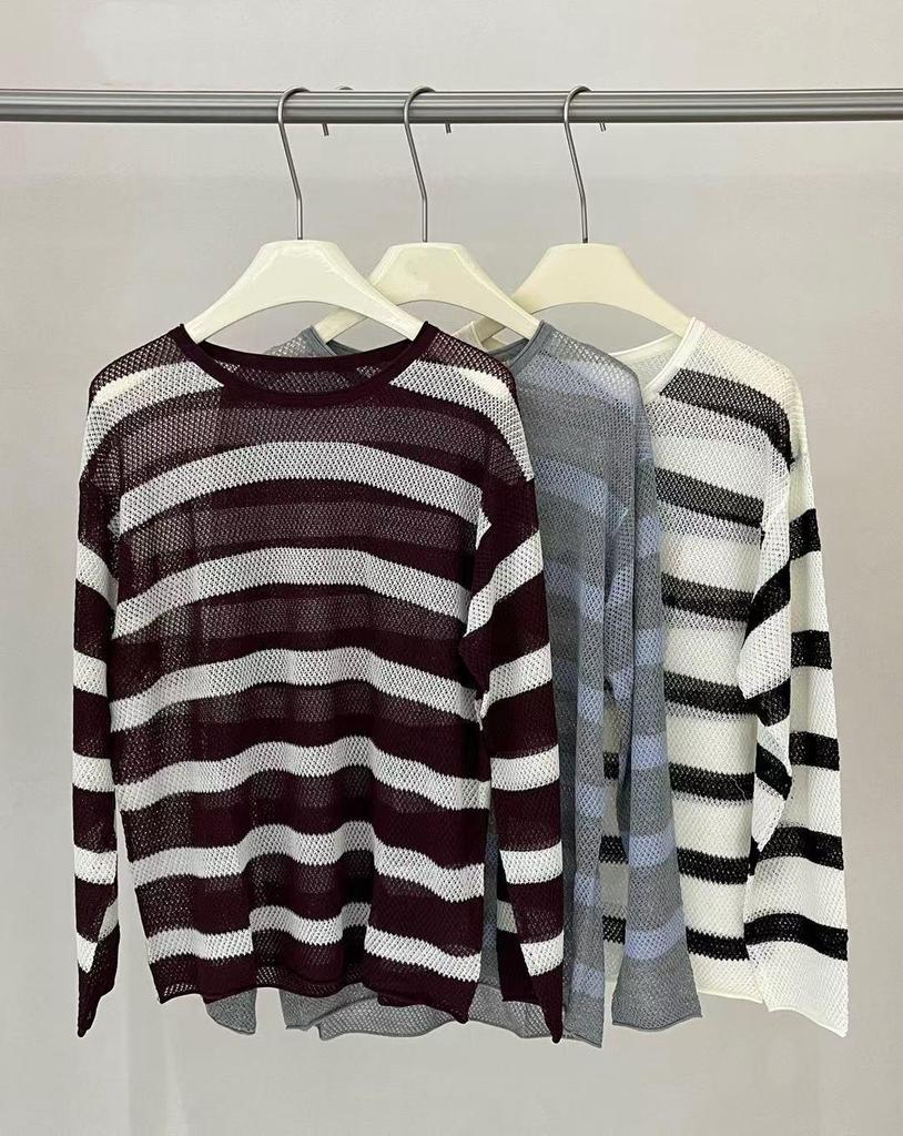 Women's Summer Striped Linen Knitwear: Openwork Long Sleeve Loose T-shirt Cardigan