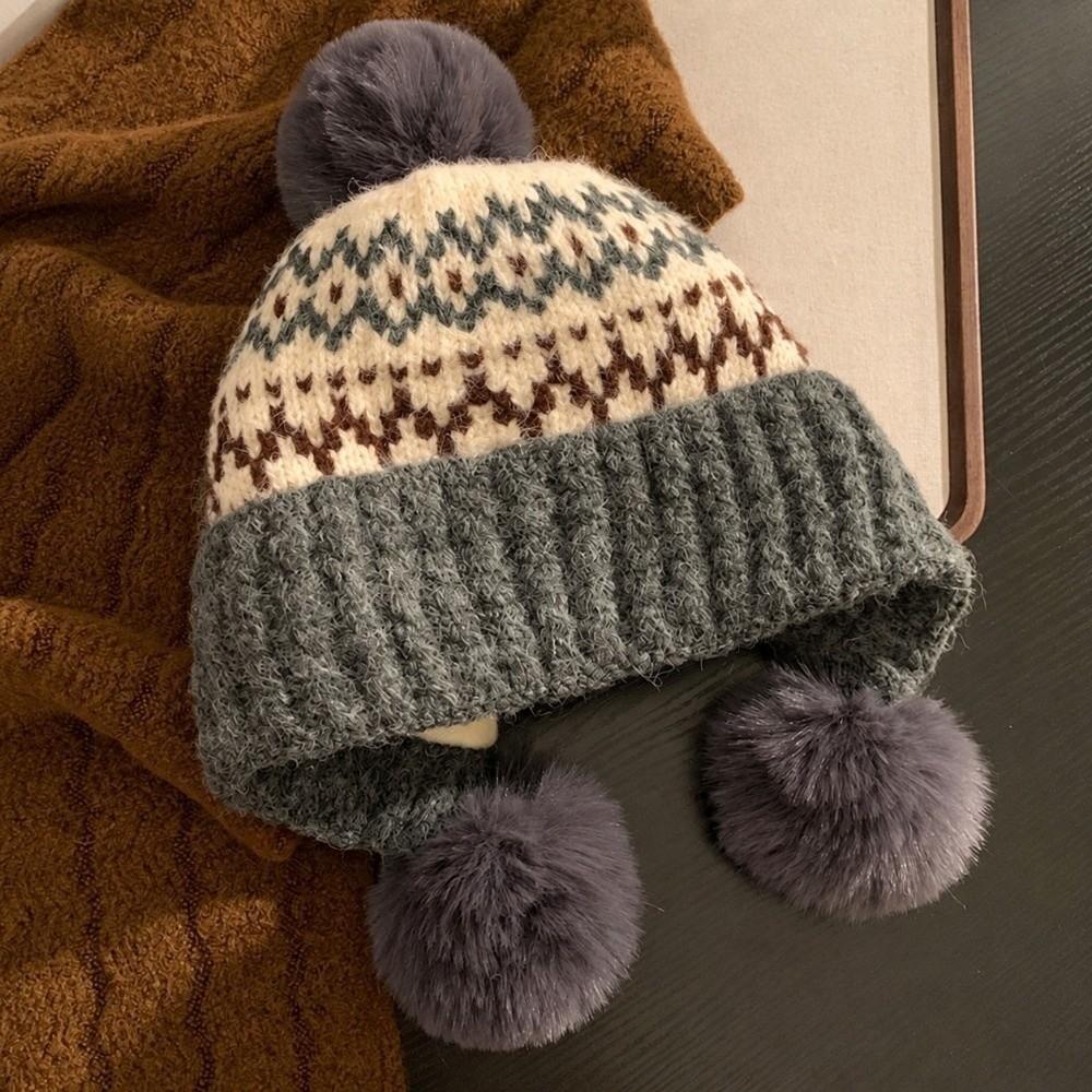 Cute Style Knit Beanie Hat Fleece Lined Winter Earflap Cap Jacquard Pullover Bonnet Students