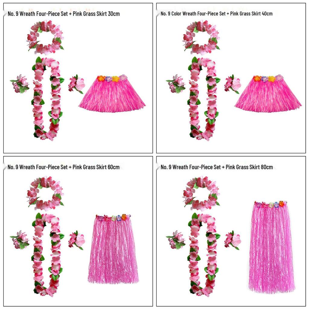 Kaifeng Summer Hawaiian Grass Skirt and Flower Garland Dance Party Set - 5 Pieces (30CM, 40CM, 60CM, 80CM)