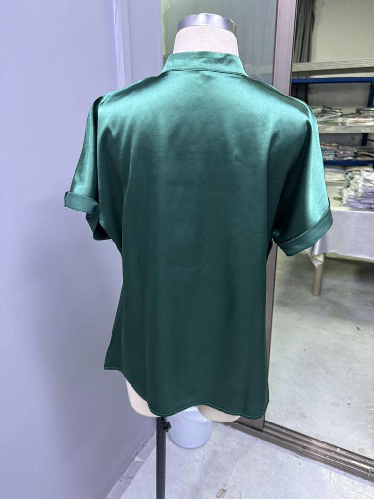 Elegante Satin-Herbstbluse - Europäischer & Amerikanischer Stil, Kurzarm Stehkragen