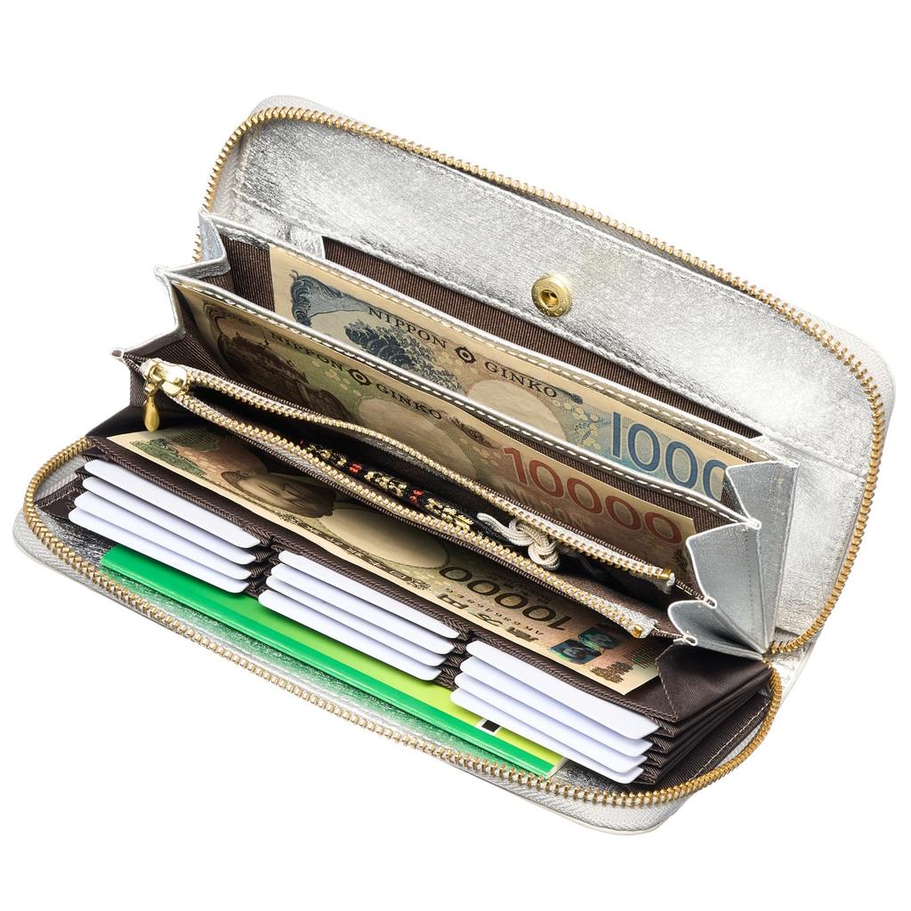 [VOICE] Align Graffiti Italian-Made Cowhide Leather Women's Vertical Card Slots Round Zipper Long Wallet, Gift Boxed, Silver