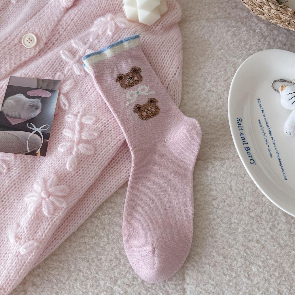 Medium Tube Socks Children Flocking Cute Rabbit Sweet Bow Stacking Socks Thickened Thermal Stockings