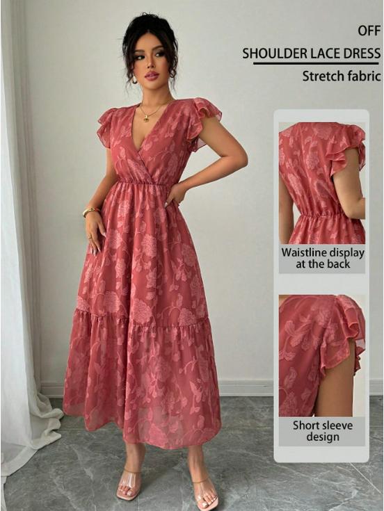 

Элегантное розовое платье-лотос с V-образным вырезом и летящими рукавами - Средняя длина, весна/лето, женская мода S красный