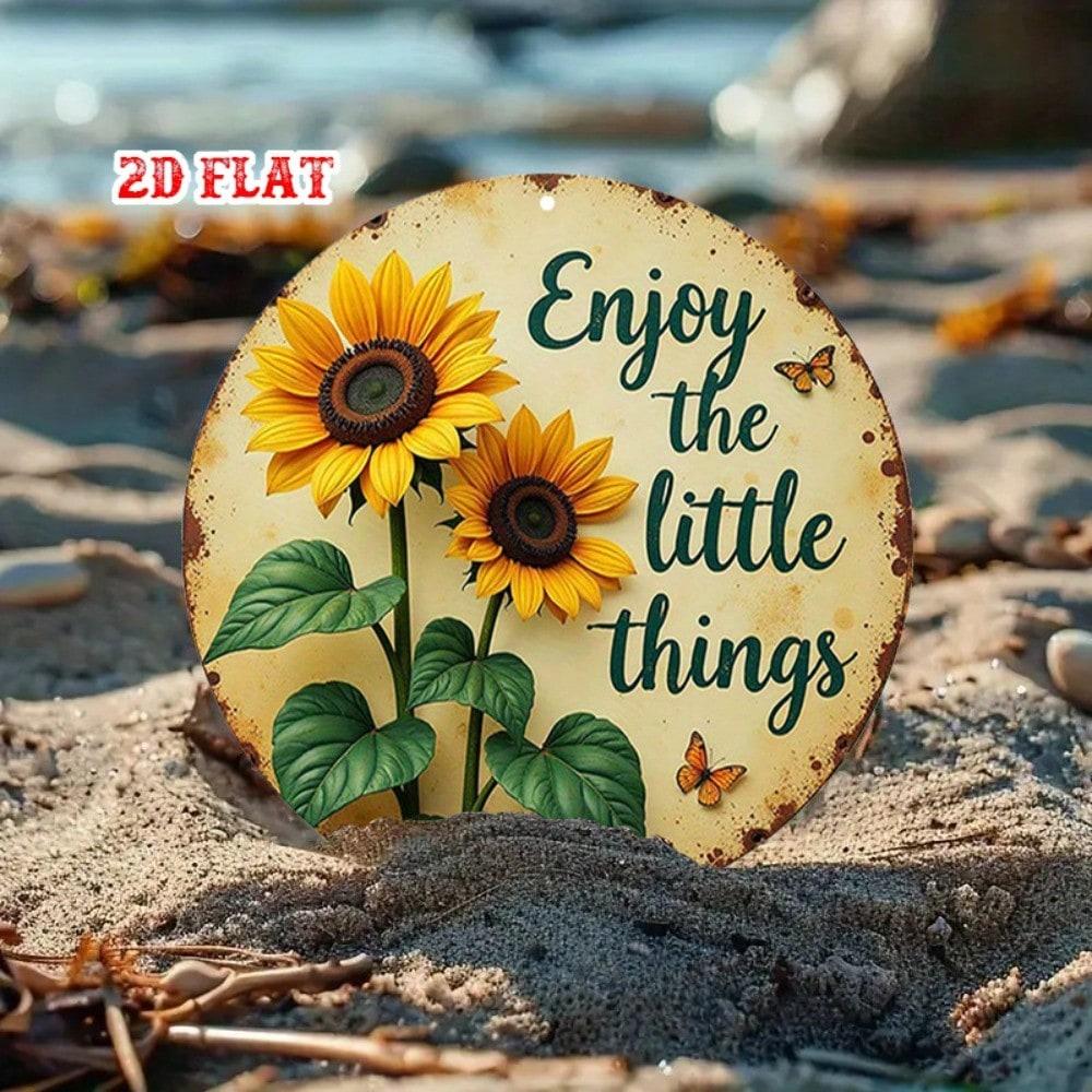 Vintage Sunflower Round Plaque With Butterflies Quote Aluminum Wall Art