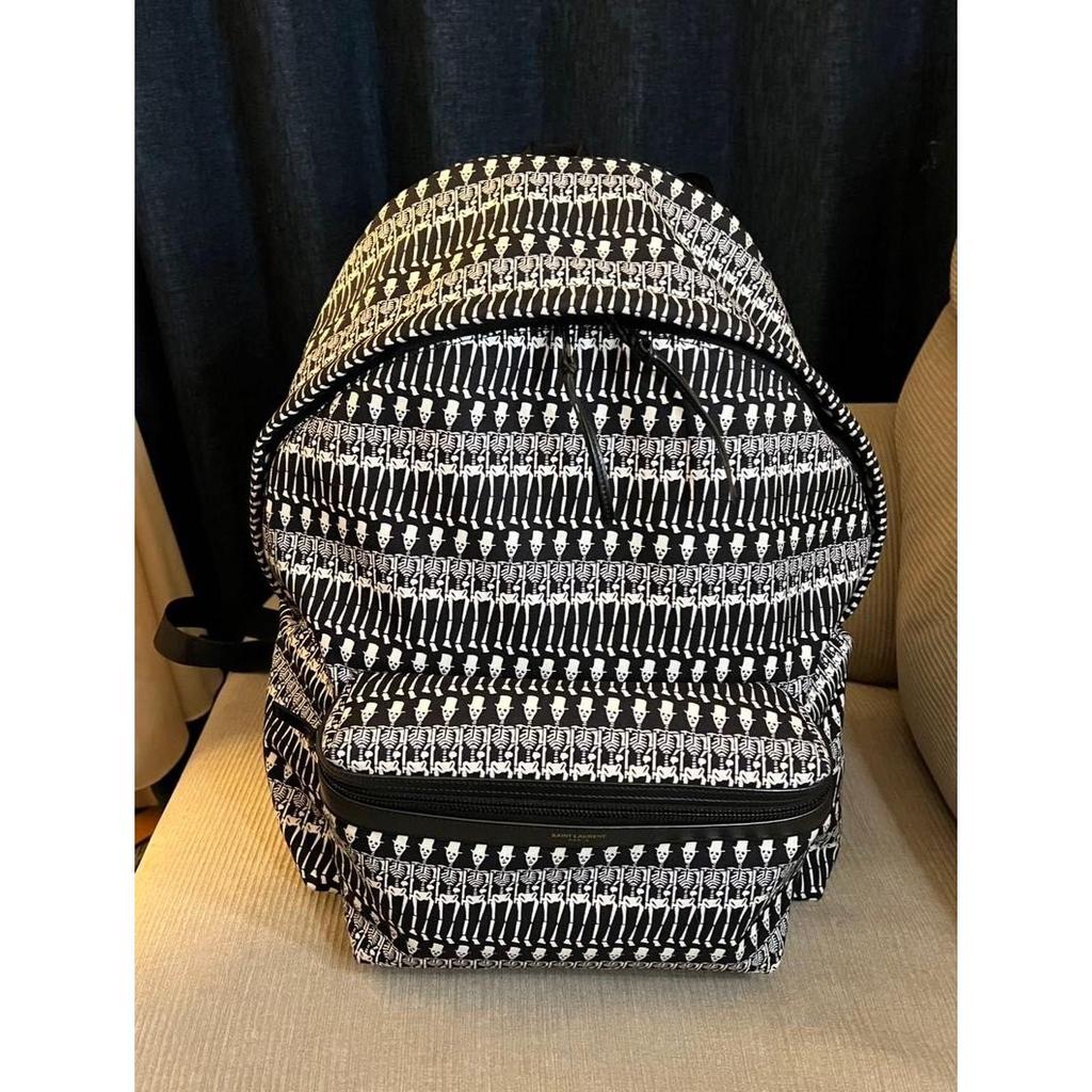 Used Authentic SAINT LAURENT Skull Pattern Skull Rucksack Bag Canvas Black x White