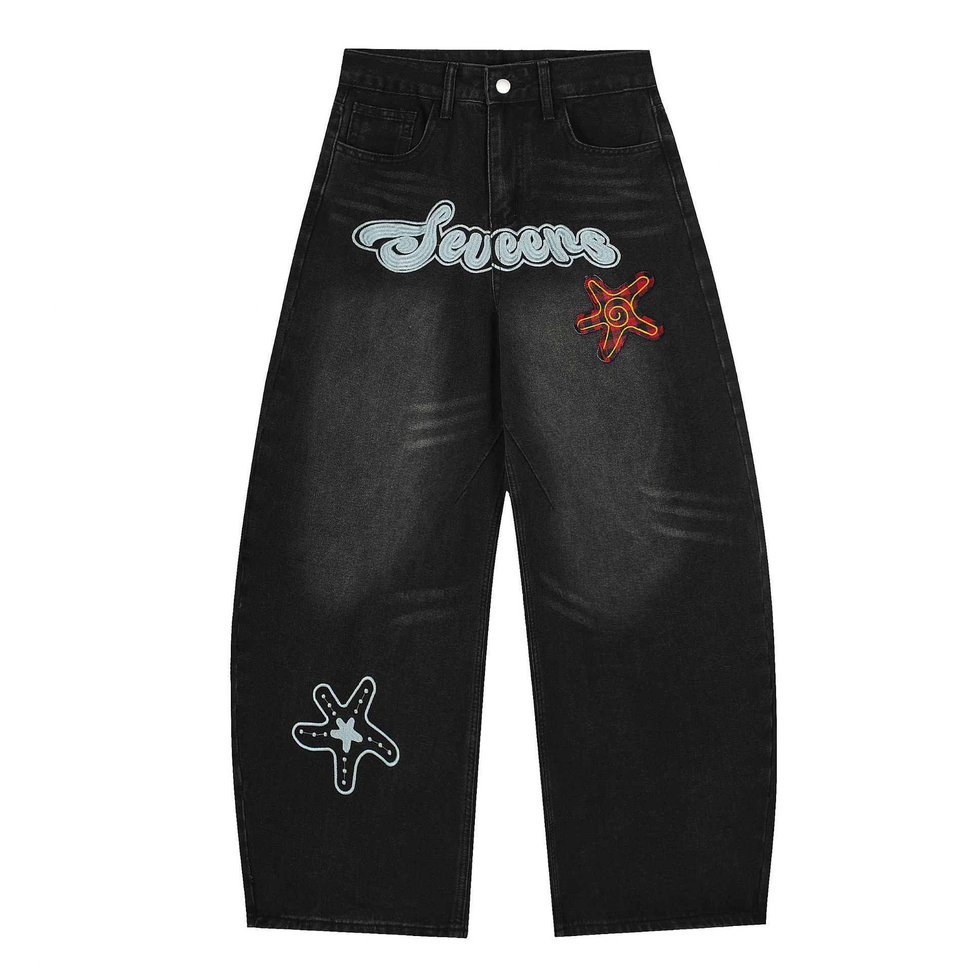 Trendy Autumn High Street American Scimitar Jeans Cloth Embroidery Loose Wide Leg Pants S чёрный