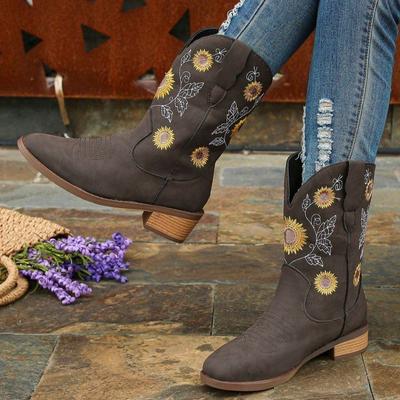Embroidered Cowboy Boots for Women Western Cowgirl Round Toe Boots Chunky Heel Pull On Dress Mid-calf Boots Women's Low Block Heeled Short Booties