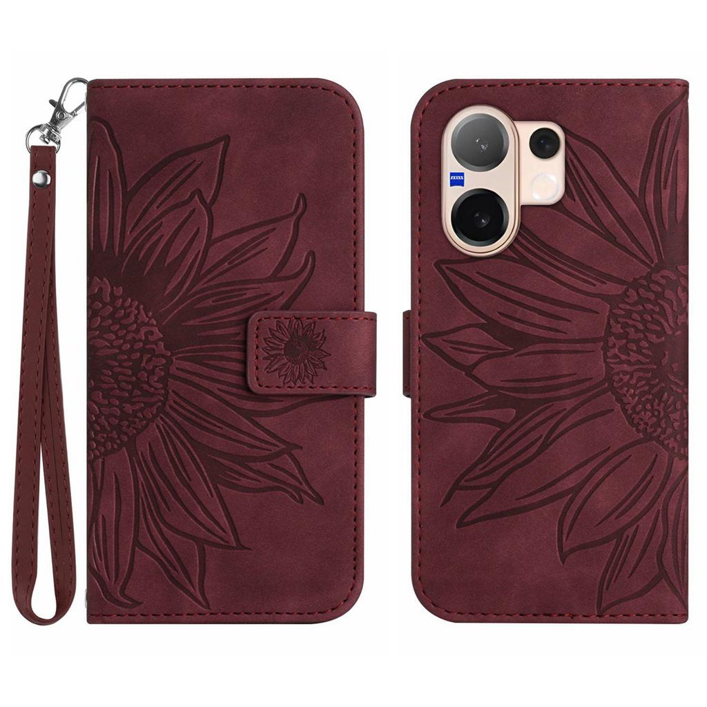 For Vivo V60 5G Case Sunflower Imprint Leather Wallet Phone Cover with Wrist Strap