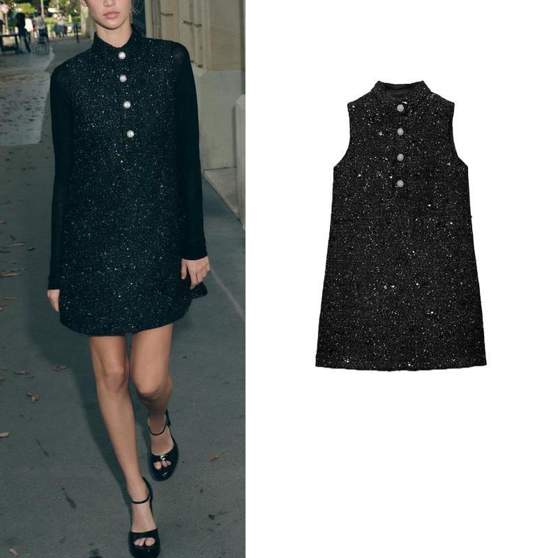 Fall and Winter New Women's Clothing Fashion Style Sleeveless Stand Collar Sequin Decorative Texture Mini Dress 9251949