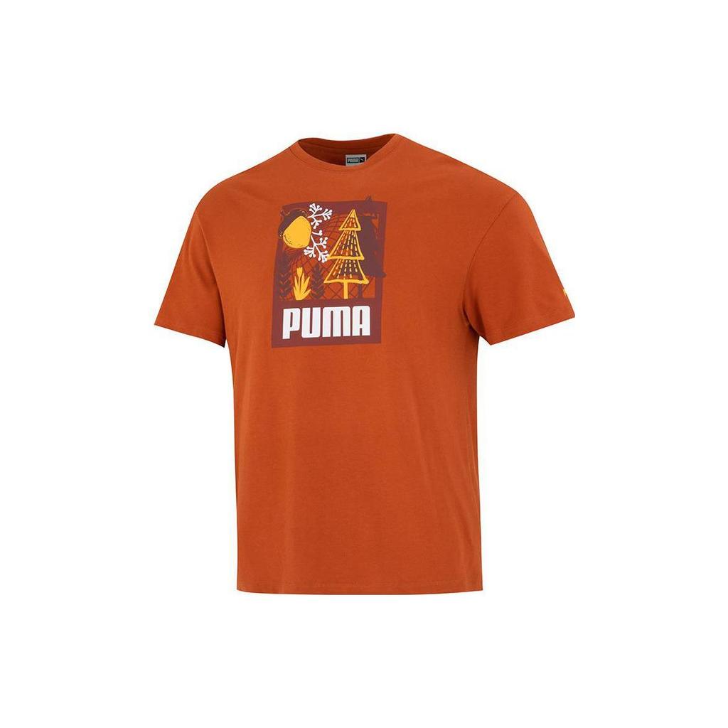 Puma Solid Color Brand Logo Print American Retro Dopamine Crew Neck Drop Shoulder T-Shirt Men Tops Orange 538776-64
