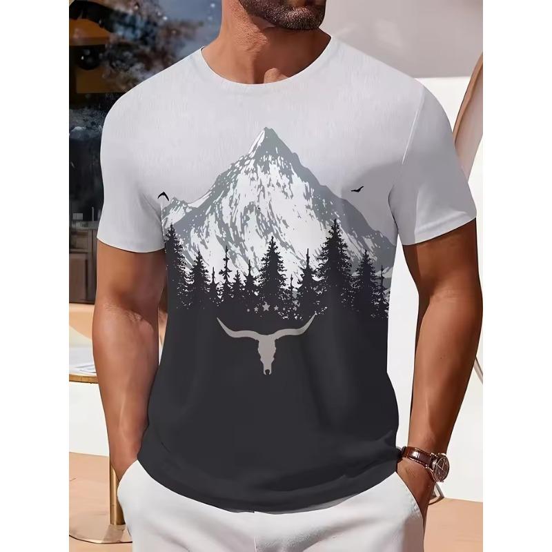 3D Printed Mens Casua Geometric Mountain Pine Tree Print T-Shirt Light Blue Black Contrast DesignRegular Fit Round Neck Tee Casual Attire
