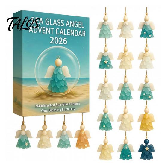 24-Tage Advents-Überraschungs-Meerglas-Engel-Kalender mit hängenden Ornamenten für Weihnachtsbaumschmuck, Mehrfarbiger Farbverlauf, Handgefertigte 2D-Engel Sets beige