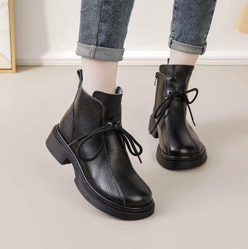 2026 Autumn Early Winter Genuine Leather Shoes Women Ankle Boots Soft Fashion Brand Ladies Party Shoes Plus Size 41 Beige Black