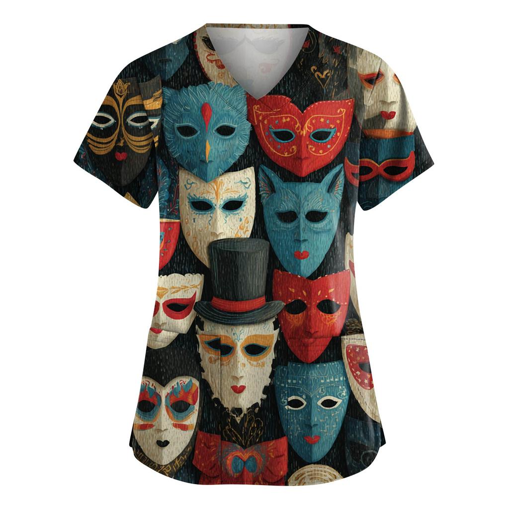 Women's Fashion V-Neck Short-Sleeved Workwear With Pockets Carnival Print Top Caregiver Uniform