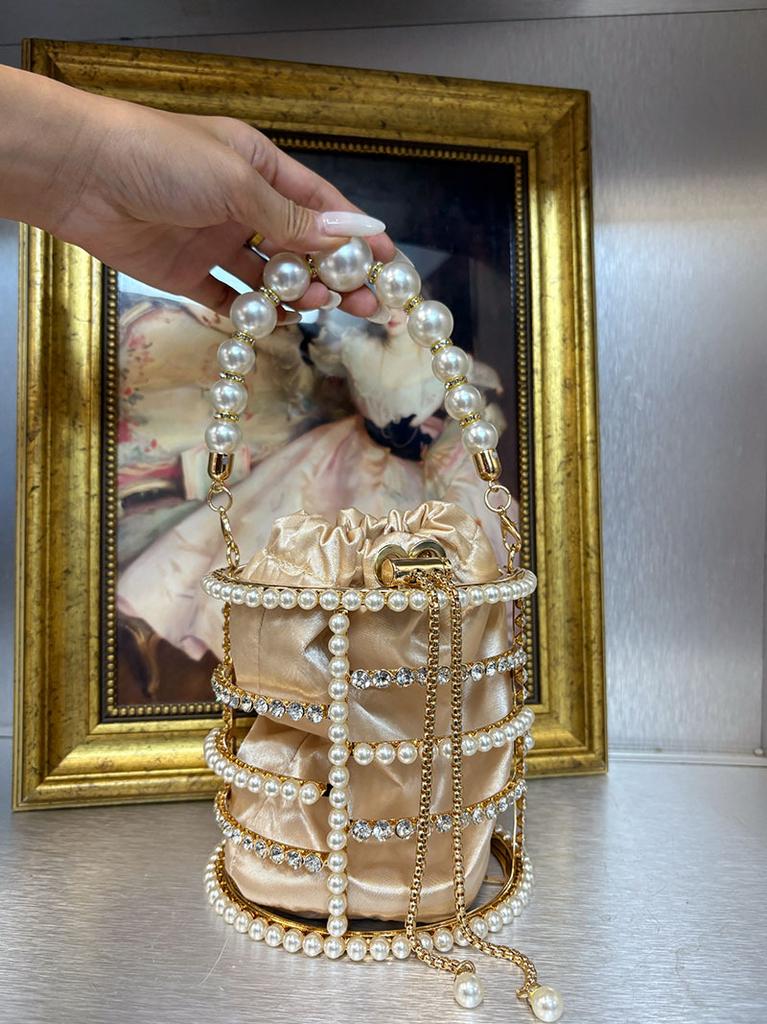 French Hollow Silk Satin Shiny Bleeding Water Diamond Vegetable Basket Banquet Pearl Bucket Clutch Messenger Bag