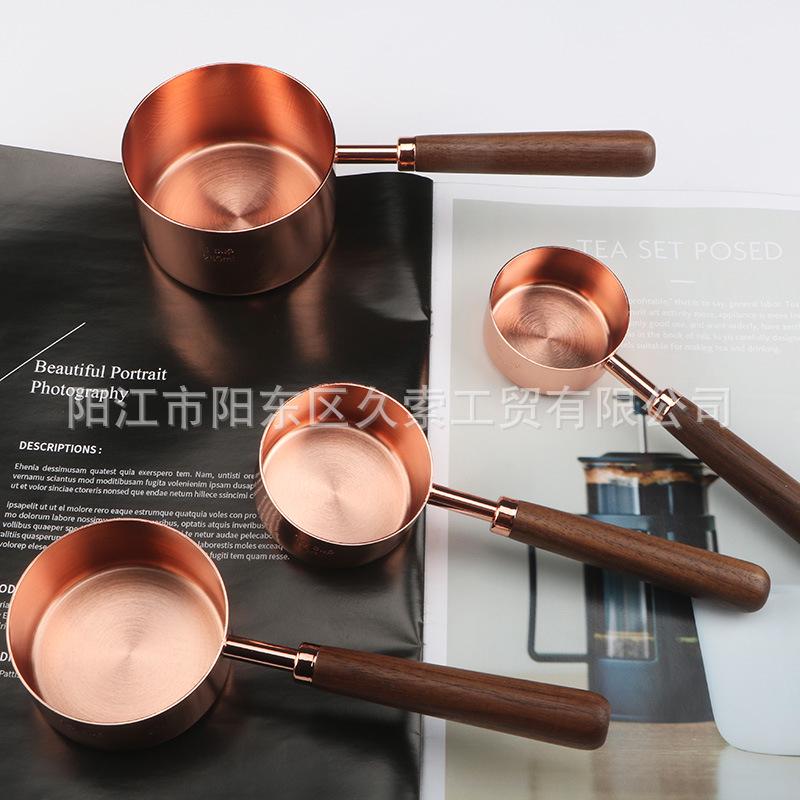 In-Stock Rose Gold & Walnut Wood Handle Measuring Spoons and Cups Set