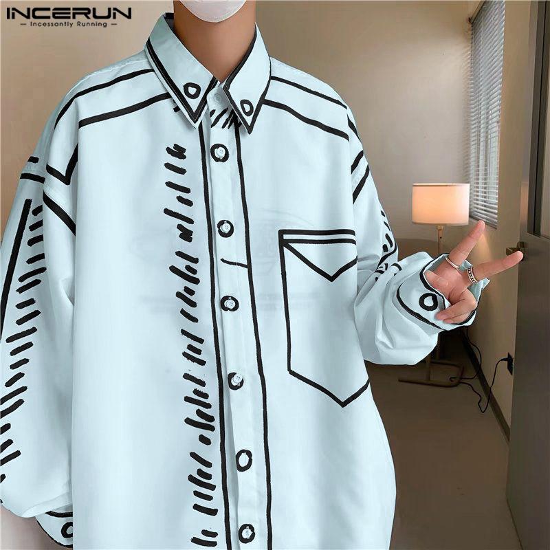 

INCERUN Летние мужские рубашки с отложным воротником, длинным рукавом и принтом в виде линий, повседневные, оверсайз S синий