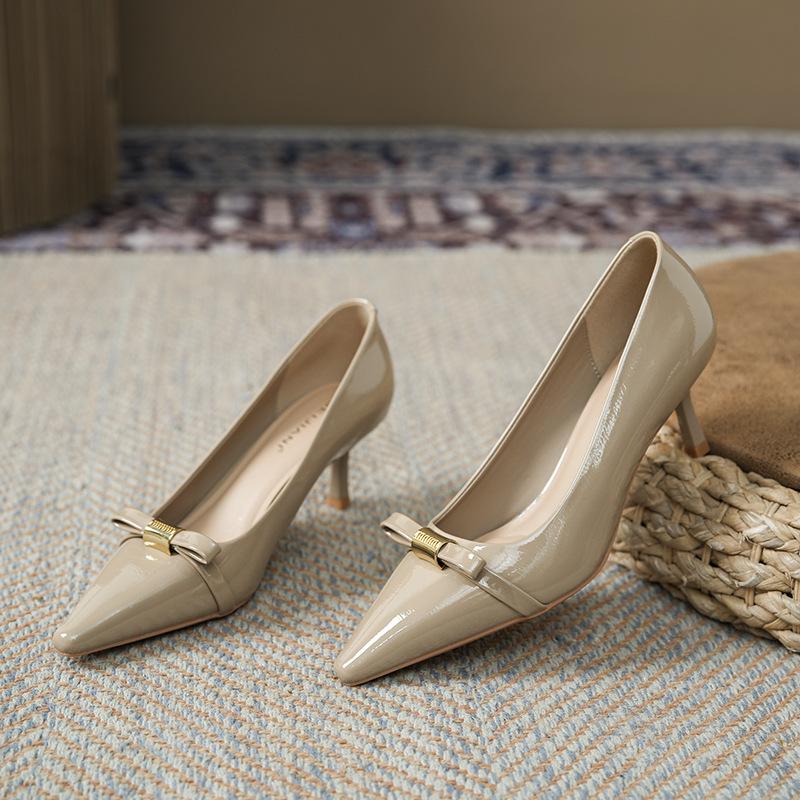 Design bow sweet temperament high heels women's pointed head thin heels single shoes not tired feet spring