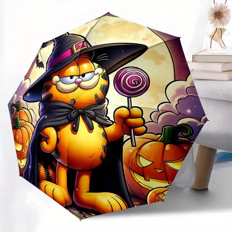Garfield Halloween Automatisches Auf-/Zuklappbares Winddichtes Regenschirm, Tragbarer 3-fach Kompakter Regenschirm für Männer & Frauen, Perfektes Geschenk für Geburtstag, Chr