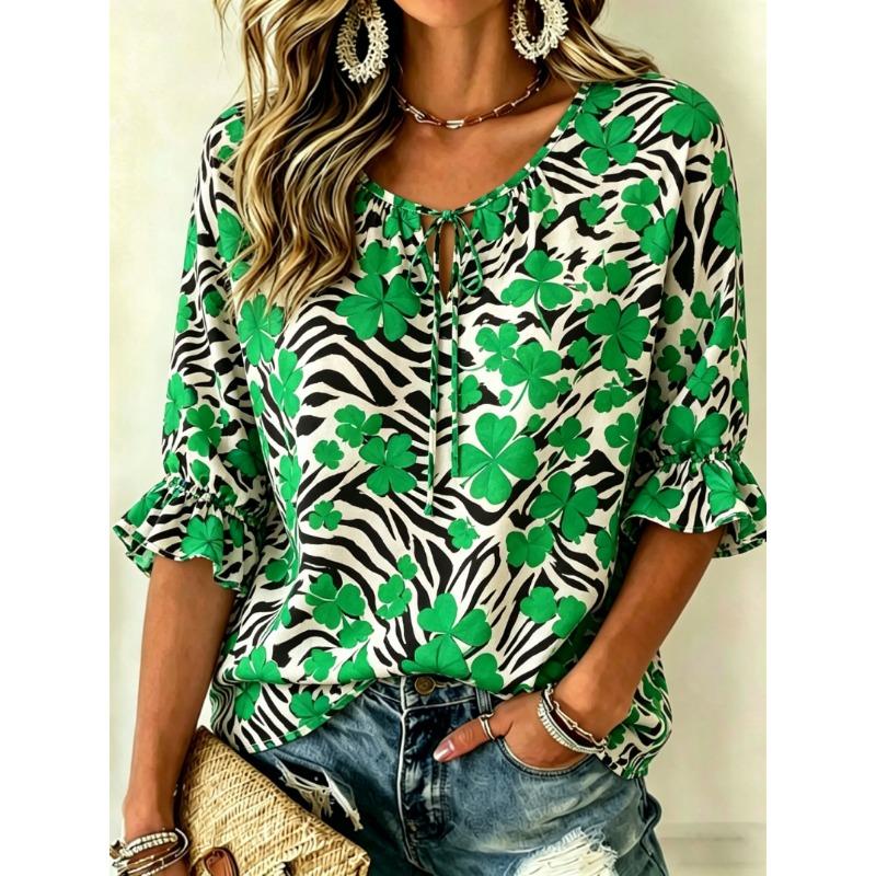 Women's Leopard Print & Orange Floral Tie Front Blouse, Casual Loose Top for Spring Summer Daily Wear