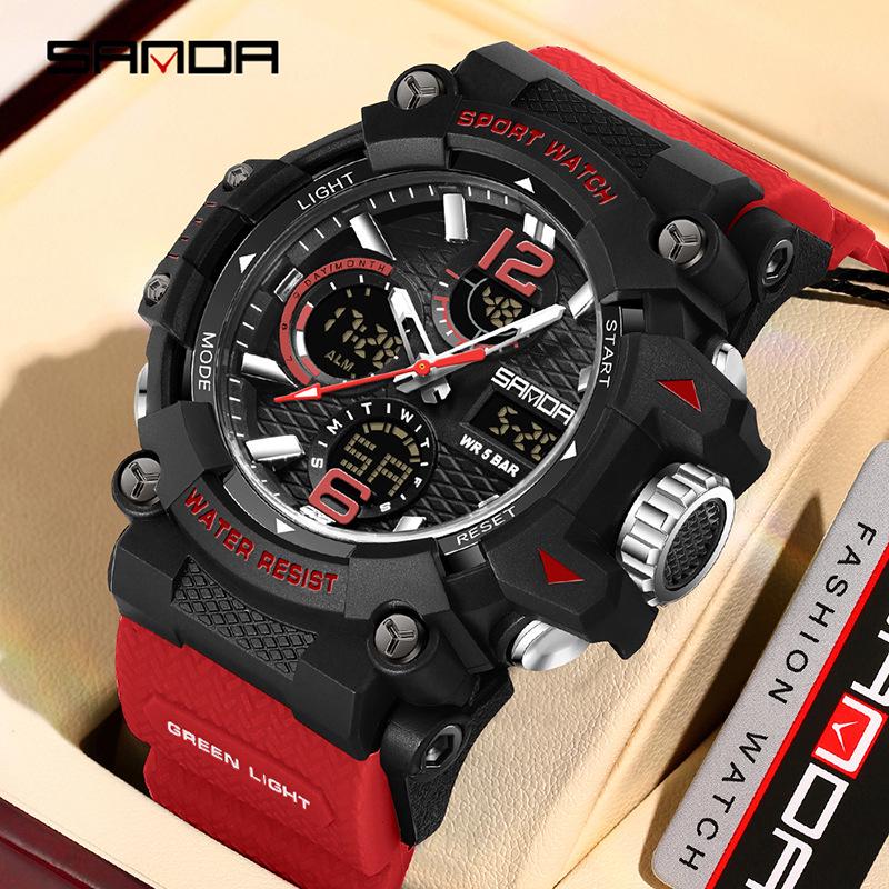 Sanda Dual-Movement Sports Watch with Countdown, Alarm, Night Light, Waterproof, and Multi-Function Features for Students.