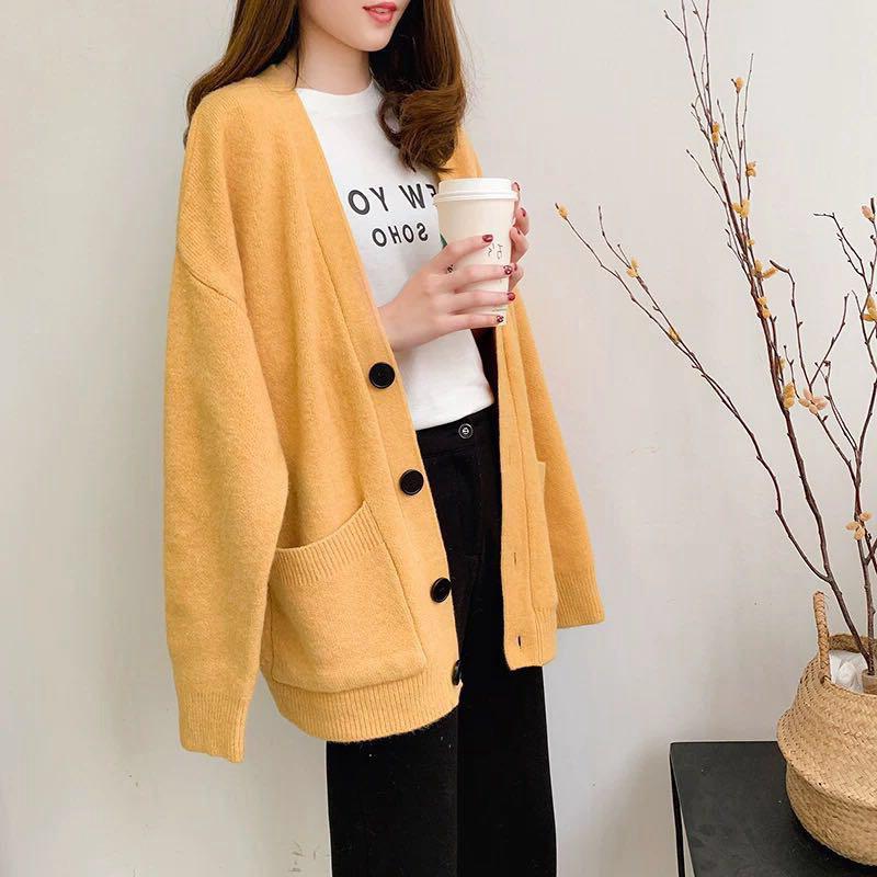 2025 Korean Style Women's V-Neck Knitted Cardigan: Loose-Fit, Solid Color, Single-Breasted with Pockets