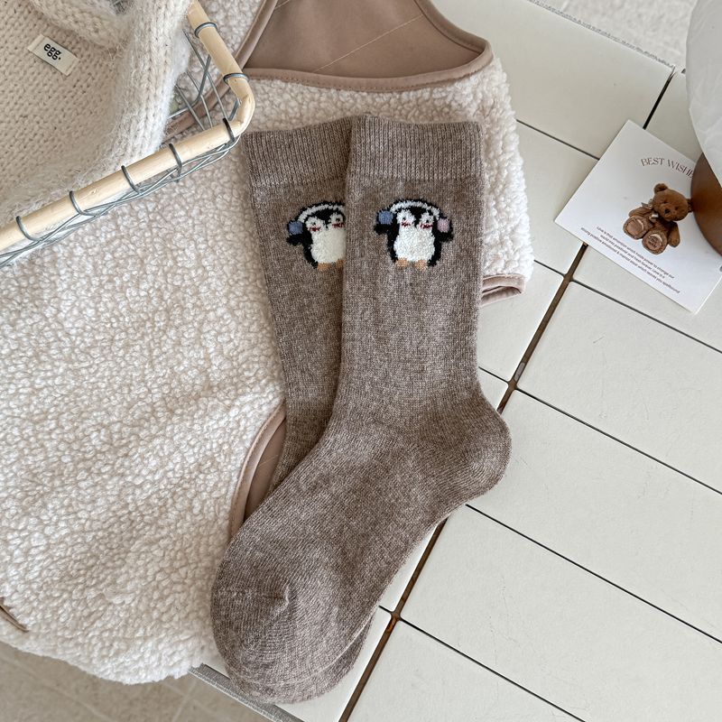 Ladies Autumn Winter Thickened Warm Soft Versatile Cartoon Penguin Wool Tube Stack Socks