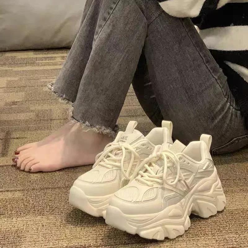 Fashion Spring New Fashionable Pure Leather Strap Thick Soled Sports Shoes with Height Increasing Casual Shoes Platform Sneakers 2025